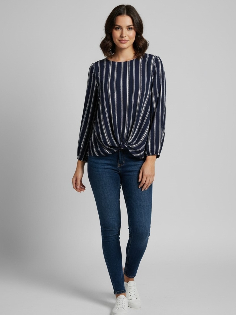 Roz & Ali Navy and White Striped Twist-Front Blouse